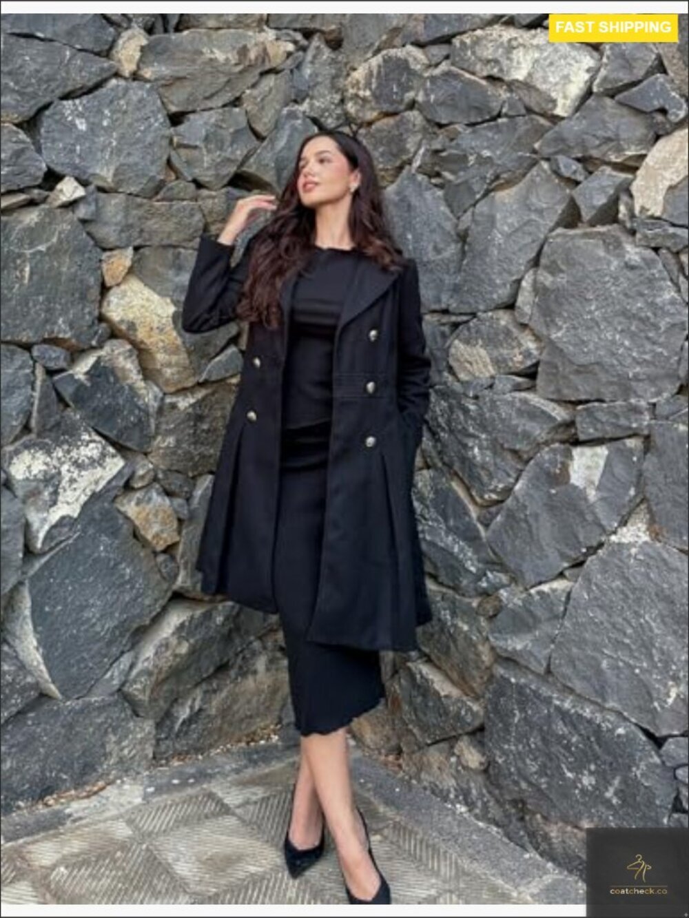 Classic Trench Coat Double Breasted Notch Lapel A-Line Pea Coat with Pockets - Picture 3 of 7